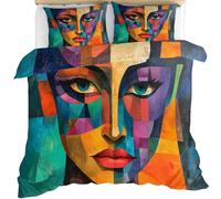 Abstract Bedding Set Single Size 3 Piece, Woman's Face Duvet Cover Set, Portrait Comforter Cover and 2 Pillow Sham with Zipper Closure 135 x 200cm