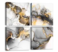Abstract Black and Gold Wall Art Marble Artwork for Walls Ink Texture Painting Canvas Prints Framed Living Room Bathroom Decor Watercolor Fluid Lines Pictures Bedroom Office Home Decorations 12x12” 4P