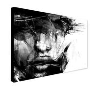 Abstract Black and White Monochrome Female Face - Wrapped Framed Canvas Wall Art (A2 [24 x 16 inch / 61 x 41 cm])