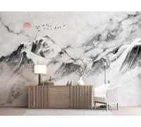 Abstract Black and White Mountain Peaks Birds Sunrise 3D Wallpaper Premium Textured Silk Study Dining Living Room Bedroom Sofa TV Wall Easy Install-300cm×210cm