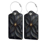 Abstract Black Golden Geometric Flower Luggage Tag for Suitcase 2 Pack Leather Luggage Tag with Privacy Flap Name Id Label and Metal Loop for Women Men Travel