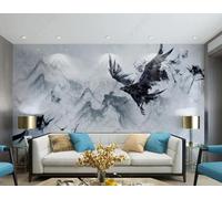 Abstract Black Ink Wash Mountain Peaks Flying Birds 3D Wallpaper Luxury Silk Study Dining Feature Sofa Grey Bedroom Living Room Tv Decorative Wall-150cm×105cm