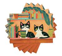 Abstract Black White Cat Placemats Set of 6, Cartoon Animal Pack Place Mat for Table, Spring Summer Orange Washable Heat-Resistant Place Mat For Kitchen Dining Party Wedding Decor, 45x30cm