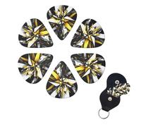 Abstract Black White Yellow Guitar Picks 6 Pack, 0.46mm Thickness Celluloid Bass Pick with Leather Guitar Pick Holder Keychain Abstract Art Pics Plectrum for Acoustic Electric Guitar, Ukulele, Bass