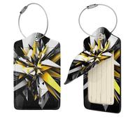 Abstract Black White Yellow Luggage Tag 2 PCS PU Leather Suitcase Tags Identifiers Travel Tags with Privacy Protection and Stainless Steel Loop Luggage Bag Tag for Women Men