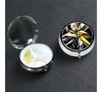 Abstract Black White Yellow Pill Box with Mirror 3 Compartment Decorative Pill Case for Purse or Pocket Small Round Pill Organizer Weekly Metal Medicine Tablet Vitamin Holder Travel Gift