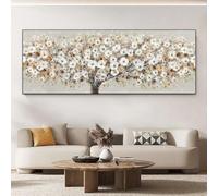 Abstract Blooming White Flowers Tree Painting Print on Canvas Still Life Artworks Wall Art Poster Living Room Bedroom 10x30cm No frame