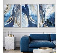 Abstract Blue and Gold Foil Painting on Canvas - Wall Art Prints for Living Room - Navy and White Pictures Wall Decor - 16x24inx3