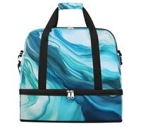 Abstract Blue Green Marble Pattern Foldable Travel Duffel Bag Expandable Gym Bag with Shoe Compartment Large Capacity Weekender Bag Carry On Tote Bag for Travel Sports Overnight Trips
