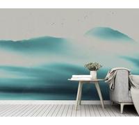 Abstract Blue Ink Wash Mountain Peaks Flying Birds 3D Wallpaper Easy Install Feature Office Living Room Sofa Bedroom TV Background Wall Decoration-300cm×210cm