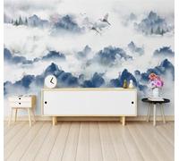 Abstract Blue Ink Wash Mountain Peaks Flying Birds 3D Wallpaper Premium Textured Silk Study Dining Living Room Bedroom Sofa TV Wall Easy Install-150cm×105cm