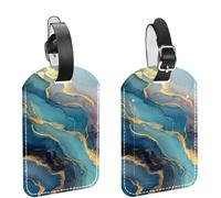 Abstract Blue Ocean Waves Marble with Golden Lines Luggage Tags for Suitcase, 2 Pack Leather Baggage Identifier with Privacy Flap and Name ID Label for Women Men Travel