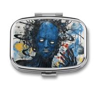 Abstract Blue Painting Pill Box 2 Compartment, Portable Pill Case with Mirror for Pocket Purse Travel, Mini Metal Medicine Organizer for Vitamins Fish Oil