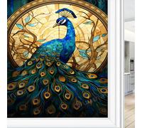Abstract Blue Peacock Stained Glass Window Film Fantasy Elegant Animal Privacy Window Film Glass Door Covering Non-Adhesive Window Stickers for Bathroom Kitchen 60 x 90 cm