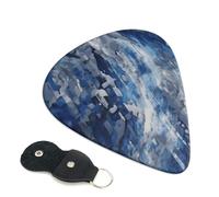 Abstract Blue Printed Guitar Picks, 6 Pack with Leather Keychain Pick Holder - 0.46mm, 0.71mm, 0.96mm Assorted Thickness for Acoustic Ukulele, Electric Guitar, Acoustic Guitar, Bass