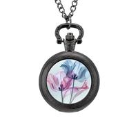Abstract Blue Tulip Floral Pocket Watch Vintage Quartz Pocket Watches with Chain for Men Women Black-Style
