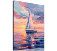 Abstract Boat Canvas Wall Art Colorful Sailboat Picture Pink and Blue Ocean Prints Coastal Seascape Wall Art Blue Sailboat Poster Abstract Ocean Painting Sea Sailboat Canvas for Walls 16x24in No Frame
