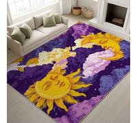 Abstract Bohemian Retro Sun Machine Washable Rugs Living Room 120 x 180 cm Retro Sun Rugs for Bedroom, Purple Yellow Area Rug for Various Room Lounge Short Pile Floor Carpe