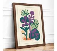 Abstract Botanical Forms Mid Century Framed Wall Art Print A2 Walnut
