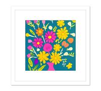Abstract Bouquet Pink Yellow Daisy Flowers On Ocean Blue Square Wooden Framed Wall Art Print Picture 8X8 Inch Artery8 White One Size