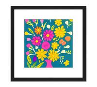 Abstract Bouquet Pink Yellow Daisy Flowers On Ocean Blue Square Wooden Framed Wall Art Print Picture 8X8 Inch Artery8 Black One Size