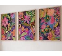 Abstract Bright Botanical Garden Set of 3 Unframed Poster Prints, Home Decor, Modern Wall Art, Groovy Retro Style Botanical Art, Pink Green Yellow (A3)