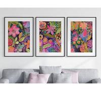 Abstract Bright Botanical Garden Set of 3 Unframed Poster Prints, Home Decor, Modern Wall Art, Groovy Retro Style Botanical Art, Pink Green Yellow (A4)