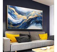Abstract Canvas Wall Art Oversized Abstract Gold Blue Picture Artwork Large Framed Wall Decorations Wall Art for Living Room 75x150cm/30x59inch With Gold Frame Ready to Hang