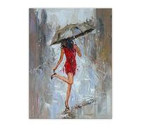 Abstract Canvas Wall Art Rain Modern Painting Girl Umbrella with Red Dress High Heels Walking in Street Poster Print Picture Figure Artwork for Bathroom Women Room Wall Decor (12"x18" Unframe)