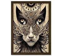Abstract Cat Face Close Up With Tribal Patterns Textured Mask Artwork Framed A3 Wall Art Print