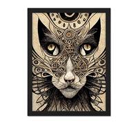 Abstract Cat Face Close Up With Tribal Patterns Textured Mask Artwork Framed Wall Art Print 18X24 Inch