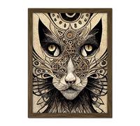 Abstract Cat Face Close Up With Tribal Patterns Textured Mask Artwork Framed Wall Art Print 18X24 Inch