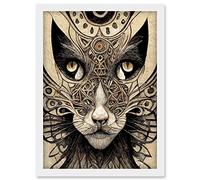 Abstract Cat Face Close Up With Tribal Patterns Textured Mask Artwork Framed Wall Art Print A4