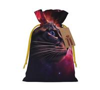 Abstract Cat Galaxy Printed Christmas Drawstring Bags Reusable Xmas Bag for Party Xmas Gift Wrapping, Yellow Ribbon, S