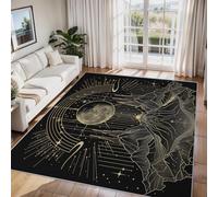 Abstract Celestial Bedroom Rugs Medium, Black Gold Line Star Moon Rug for Living Room, Non Slip Bedside Rug 60 x 110 cm, Machine Washable Low Pile Soft Indoor Floor Carpet ZY&L3