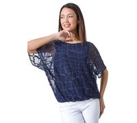 Roman Abstract Check Print Blouson Top for Women UK - Ladies Spring Everyday Summer Holiday Round Neckline Comfy Short Sleeve Soft Inner Vest Blouse Vacation Shirts - Navy - Size 10