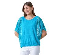 Roman Abstract Check Print Blouson Top for Women UK - Ladies Spring Everyday Summer Holiday Round Neckline Comfy Short Sleeve Soft Inner Vest Blouse Vacation Shirts - Turquoise - Size 10