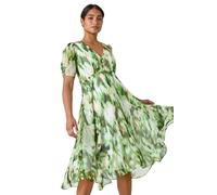 Roman Abstract Print Hanky Hem Chiffon Dress for Women UK - Ladies Spring Everyday Summer Holiday V-Neckline Comfy Short Sleeve Soft Midi Length Frock Beach Vacation Gowns - Green - Size 12