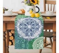 Abstract Circle Texture Table Runner 13x90 Inches Long Flower Blue Dot Bohemian Ethnic Tribal Art Cotton Linen Table Runner Burlap Style for Dinner Table Party Decor Tabletop Decorations