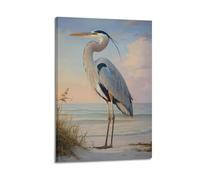 Abstract Coastal Hanging Paintings Wall Art, Grey Heron on Beach Sea Bird Canvas Print, Coastal Animal Artwork Poster, Modern Home Bathroom Wall Decor 12x18inch(30x45cm)
