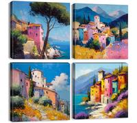 Abstract Coastal Wall Art Beach Seaside Canvas Prints for Bathroom Nature Landscape Painting Poster Colorful Mediterranean Pictures Modern Seascape Artwork for Bedroom Home Decorations 12x12" 4Pcs