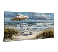 Abstract Coastal Wall Art Blue Ocean Canvas Prints for Bathroom Vintage Sandy Beach Pictures White Wave Seascape Nature Seaside Scenery Canvas Artwork for Living Room Bedroom Home Decorations 20x40"