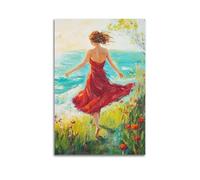 Abstract Coastal Wall Art, Graceful Red Dress Female Walking Along Seaside, Muted Teal Ocean Tone And Wildflower Design, Hanging Paintings Poster Vintage Art for Girl Room Decoration 12x18inch(30x45cm