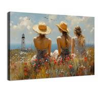 Abstract Coastal Wildflower Wall Art Vintage Girls Canvas Prints Bedroom Wall Decor Beach Lighthouse Picture for Living Room Retro French Style Scenery Painting Women Bathroom Home Decorations 12x16"