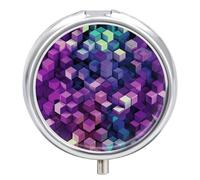 Abstract Color Cubes Purple Pill Cases Round Pillbox with 3 Compartments Portable Travel Pill Organizer Box Mini Metal Pill Holder and Vitamin Containers for Fish Oil & Supplements