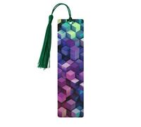 Abstract Color Cubes Purple Wooden Bookmarks 5 Pcs,Handmade Double-Sided Printed Book Marks Page Markers with Dark Green Tassels Book Accessories Gift for Book Lovers Women Men