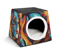Abstract Colored Woman Face Cat Bed for Indoor Cats - Foldable Cat & Dog House with Removable Cozy Cushion, Waterproof Oxford Washable Pet House for Small Pets 13.8" X 13.8" X 11.8"