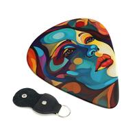 Abstract Colored Woman Face Guitar Picks 6 Pcs, 0.96mm Thickness Celluloid Plectrum with Leather Picks Holder, Personalized Guitar Pick for Bass Electric Acoustic Guitars Lovers Gift