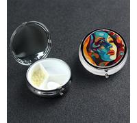 Abstract Colored Woman Face Pill Box 3 Compartment Round Portable Pill Case for Pocket or Purse Small Weekly Medicine Planner Travel Pillbox with Mirror Decorative Metal Vitamin Holder Gifts