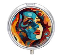 Abstract Colored Woman Face Pill Box Cute Round Pill Case Portable Medicine Tablet Vitamin Holder Organizer for Purse Pocket